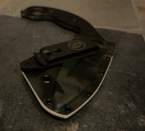 Punchbadger- Double edge, acid etched with Hawk custom camo sheath.