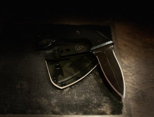 Punchbadger- Double edge, acid etched with Hawk custom camo sheath.