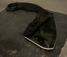 Punchbadger- Double edge, acid etched with Hawk custom camo sheath.