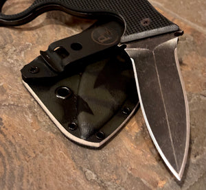 Punchbadger- Double edge, acid etched with Hawk custom camo sheath.